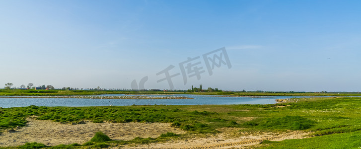 Tholen市的schakerloopolder，远处有乡村建筑，荷兰泽兰的自然风光