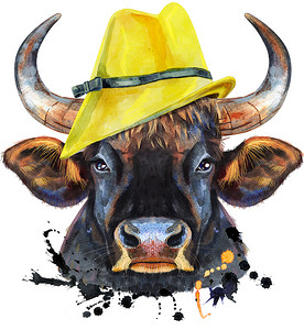 戴帽子的奶牛摄影照片_戴着黄色帽子、溅着水花的黑色强大公牛的水彩插图