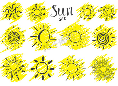 手绘的一组不同的太阳，在白色上隔离的草图矢量图