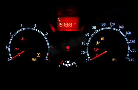 速度仪表盘摄影照片_夜间黑暗背景中车内里程表