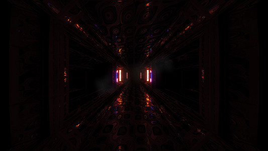 未来派科幻空间机库隧道走廊 3D 插图与抽象眼睛纹理背景壁纸