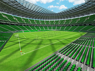 有绿色座位和贵宾包厢的大型美丽的现代足球场