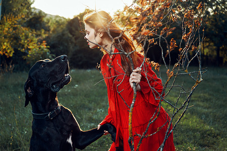 穿着红裙子的可爱女人在户外和狗玩耍友谊