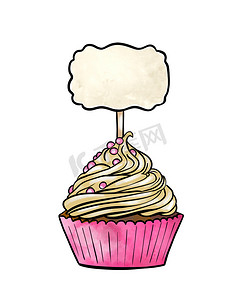 糖果彩色图画的插图：白色孤立背景上带有记事板的奶油纸杯蛋糕