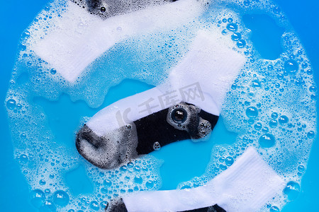 脏袜子摄影照片_脏袜子浸泡在粉状洗涤剂水中溶解。
