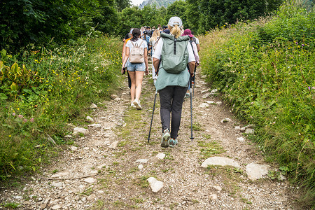 2020年7月26日，俄罗斯栋巴伊：一群人在树木繁茂的丘陵地区徒步旅行。