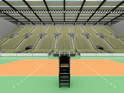 美丽的现代排球运动场，配有橄榄绿灰色座椅和 VIP 包厢