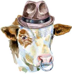 戴帽子的奶牛摄影照片_戴着棕色帽子的白牛的水彩插图