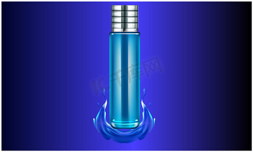 矢量香水摄影照片_蓝色液体背景上长玻璃瓶香水的模拟插图
