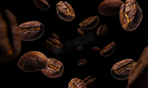 咖啡豆悬浮在黑色背景上