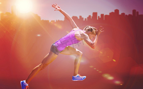 准备跑步的人摄影照片_准备跑步的女运动员的复合形象