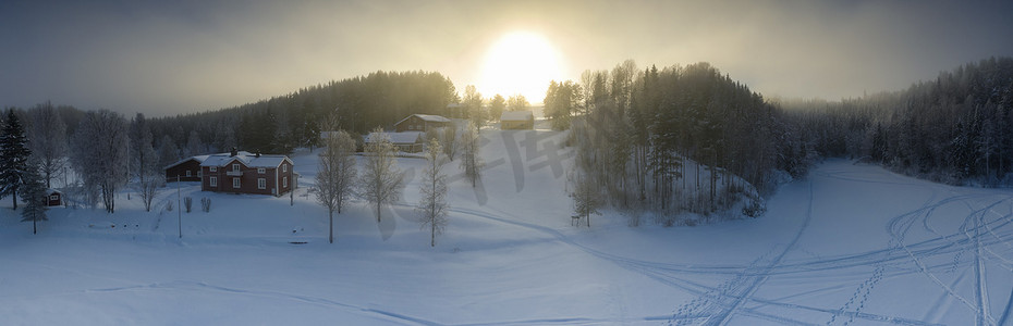 冬季日落的壮丽景色与非常大的太阳斑在冰冻的雾气中，冬季松树林，空中，格拉诺村，瑞典北部于默奥市周围，短暂的冬日，亚北极景观。