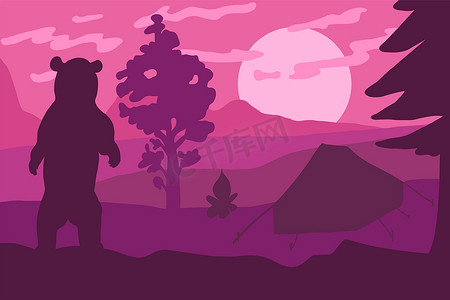 帐篷剪影摄影照片_营地平面矢量彩色插图中的熊剪影