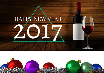 新年地板摄影照片_木制背景下的新年文字和葡萄酒