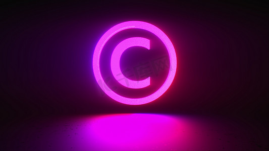 在深色背景上旋转霓虹灯版权标志，计算机生成的数字符号。