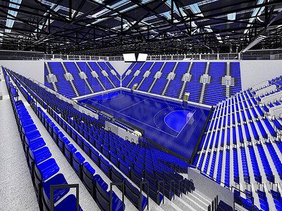 美丽的现代手球运动场，配有蓝色座椅和 VIP 包厢
