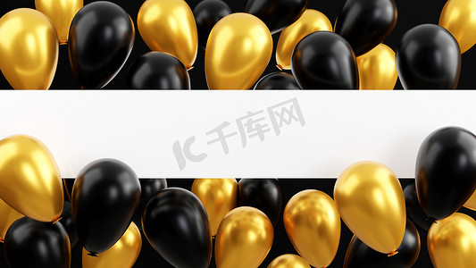 黑色星期五气球摄影照片_黑色星期五销售概念，闪亮的金色气球传单，带有白色水平框架横幅