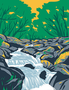 达特穆尔国家公园贝卡溪上的贝基瀑布或贝卡瀑布 德文郡 英格兰 英国 英国装饰艺术 WPA 海报艺术