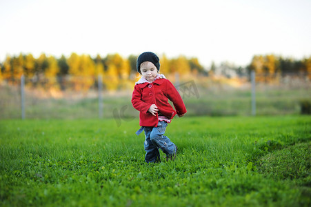 胡同小孩摄影照片_秋季公园里可爱的蹒跚学步的小孩