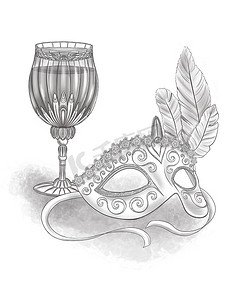 化装舞会面具与羽毛旁边一杯装满酒的无色线条画。