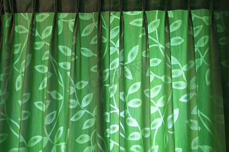 带有叶子图案的绿色窗帘从房间外面发出有趣的阴影。