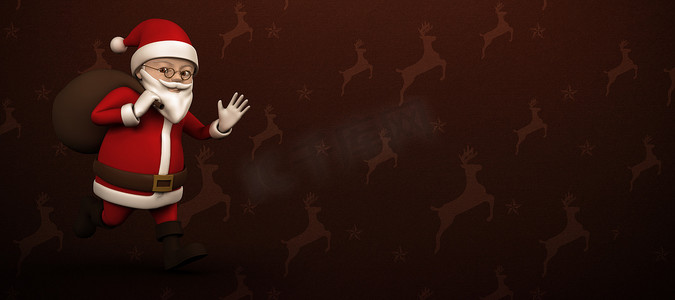 卡通鹿摄影照片_卡通圣诞老人背着麻袋跑的复合形象