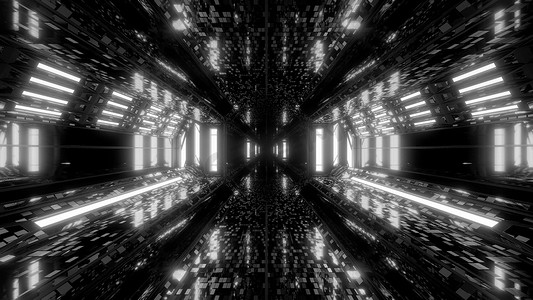 未来派科幻空间机库隧道走廊 3D 插图与砖纹理和发光的空调背景壁纸