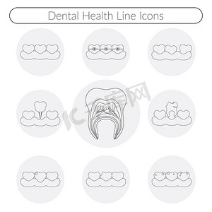 健康牙齿、龋齿、牙套系统、植入和其他牙齿健康图标集的牙科护理矢量线图标
