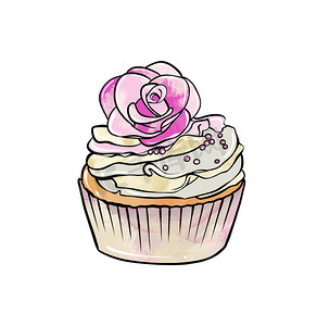 糖果彩色图画的插图：带有奶油的纸杯蛋糕，并在白色孤立的背景上装饰着花朵