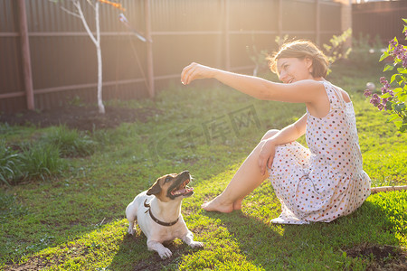 夏天院子摄影照片_在阳光明媚的夏日，穿着裙子、笑得积极的年轻女子和她心爱的不安分的狗坐在乡间别墅的院子里玩耍。