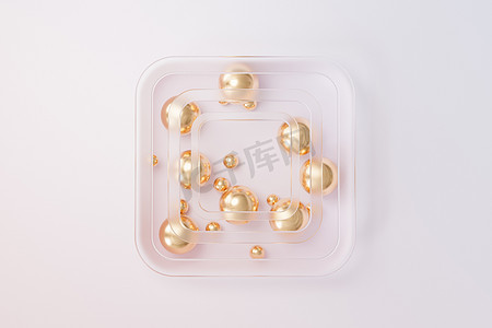 米色背景上带磨砂玻璃的抽象金色球体，最小 3D 渲染