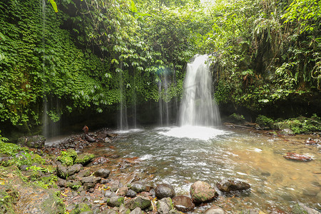 Yeh Ho Waterfall 位于郁郁葱葱的稻田 Penebel