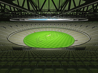美丽的现代大型圆形板球场，配有橄榄绿灰色座椅和 VIP 包厢