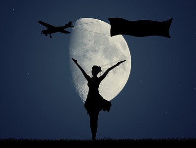 月光下打着横幅的女孩和飞机