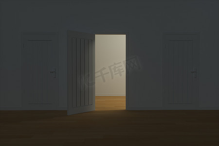 与白色夜景的木门，3d 渲染。