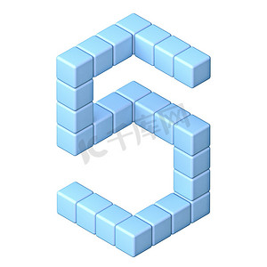 蓝色立方体正字字体数字 5 五 3D