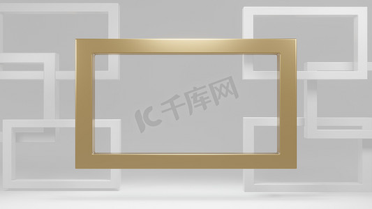 金色和白色框架现代灰色背景 3d 渲染。