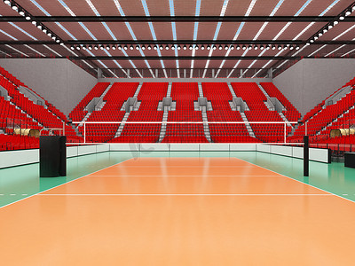 美丽的现代排球运动场，配有红色座椅和 VIP 包厢