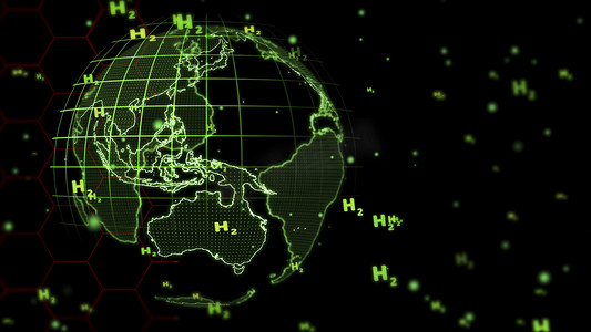 全球数字、六边形和东南亚，黑色背景上带有气泡绿色 H2 文本
