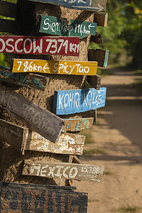 标牌制作摄影照片_手绘方向木标牌前往世界不同城市，老挝。