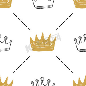 皇冠无缝图案，手绘皇家涂鸦背景，矢量图