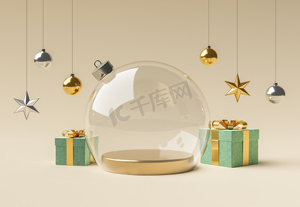 光泽球摄影照片_空玻璃圣诞球，配有用于产品展示的装饰品