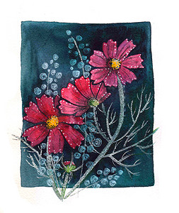 波斯菊花束与花瓣背景设计。