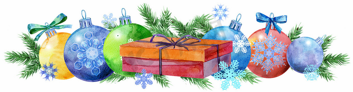 冬天水彩摄影照片_水彩圣诞树边框与礼物为您的创造力