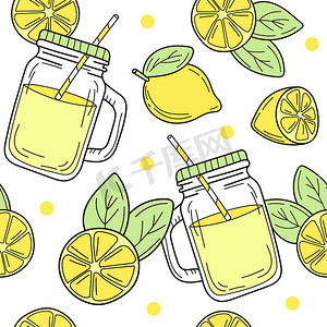 无缝图案，配有卡通柠檬和柠檬水玻璃罐