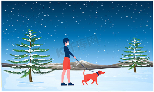 女孩和她的狗在雪地里散步