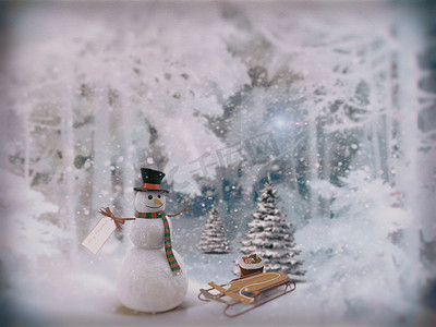 圣诞景观 雪人与礼物。 