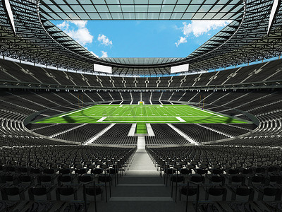 有黑色座位和贵宾包厢的大型美丽的现代美式橄榄球场