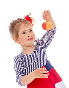 苹果游戏摄影照片_迷人的小女孩与红苹果。