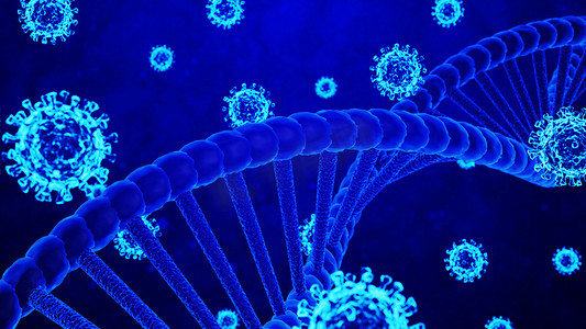 3D 渲染冠状病毒/COVID-19 和 DNA 螺旋模型在抽象移动蓝色背景和粒子静止图像中旋转